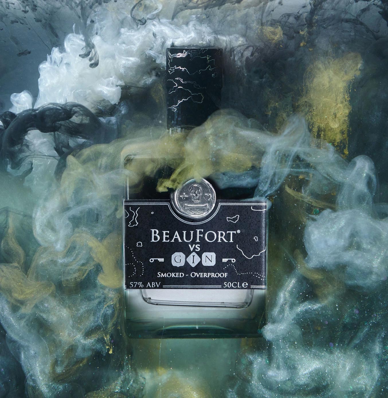 Bottle of BeauFort Gin with smoke around it