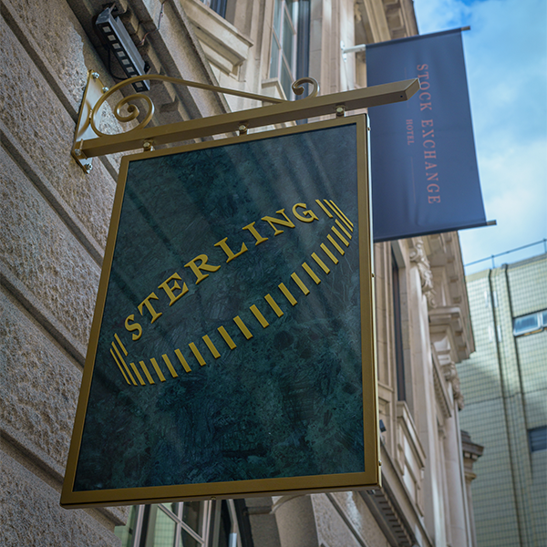 STERLING sign outside Stock Exchange Hotel